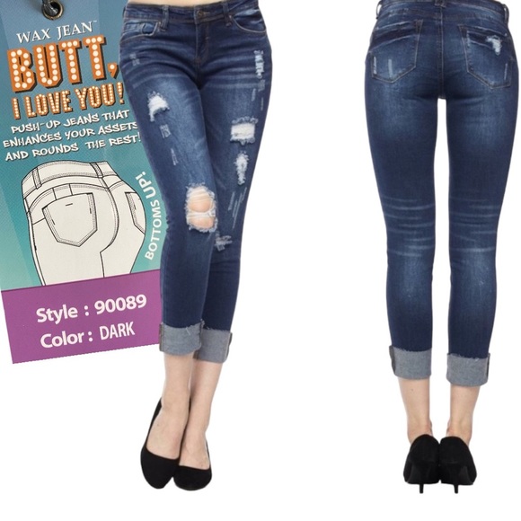 🔥BRAND NEW! Butt I Love You distressed dark wash cuffed jeans. Multiple sizes! - Picture 3 of 7